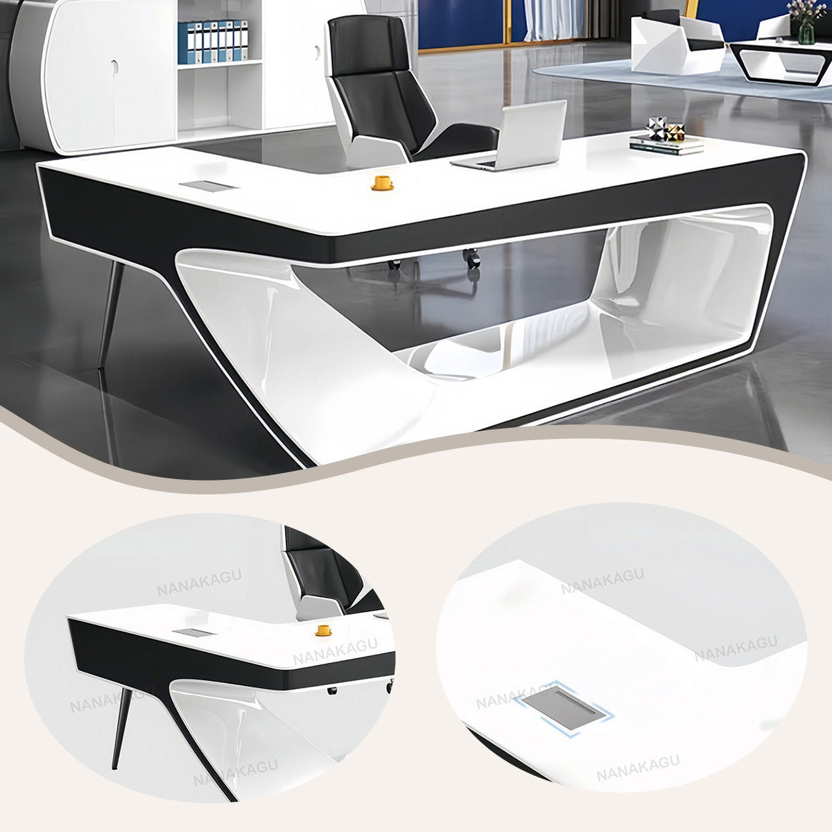 エグゼクティブデスク オフィスデスク デスク 社長室 焼付塗装 鏡面仕上げ 配線ボックス ホワイト カスタマイズ可能 LBZ-N065