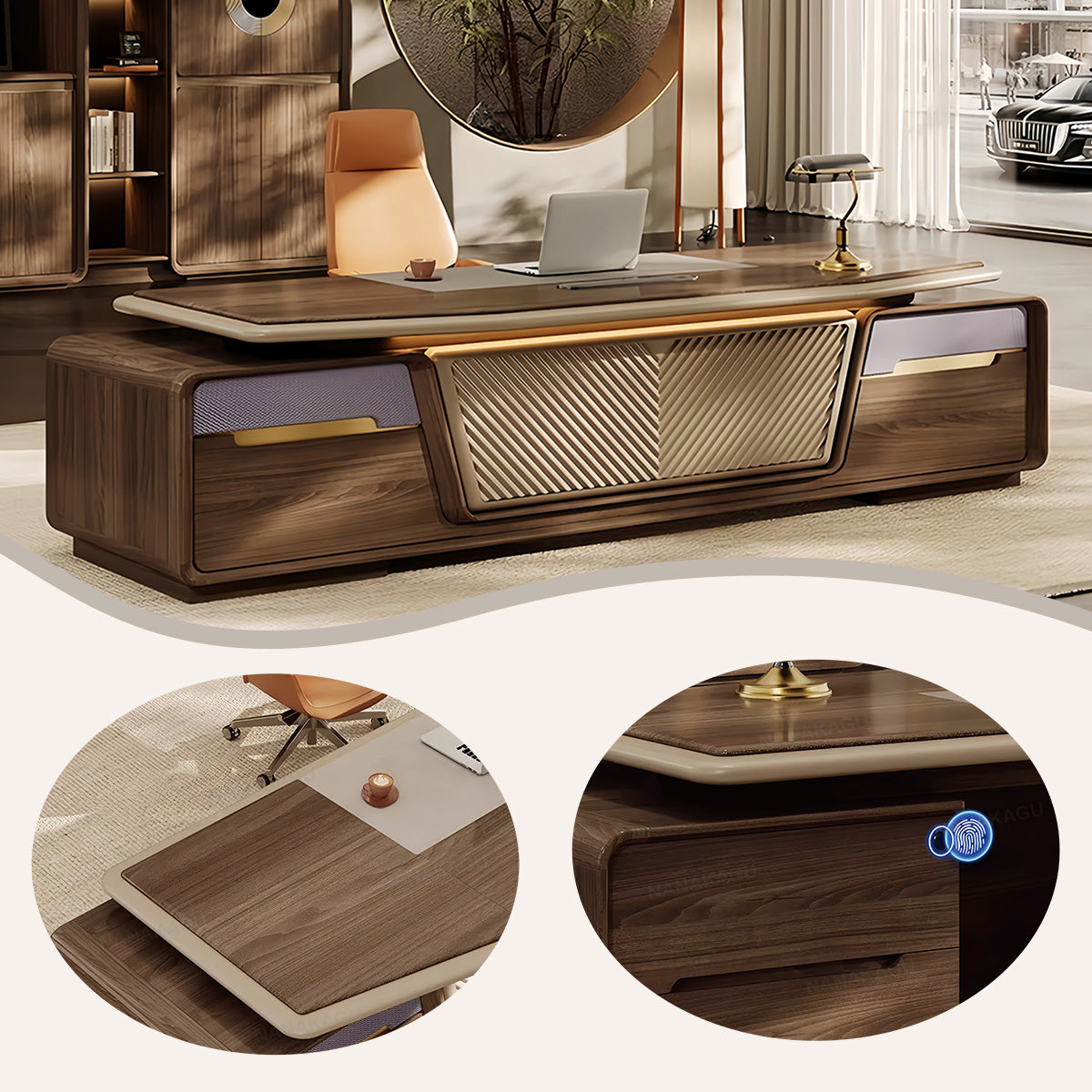 エグゼクティブデスク オフィスデスク 社長机 木製デスク 木目調 R加工 指紋認証キー 引き出し 大容量収納 ウォールナット LBZ-N066
