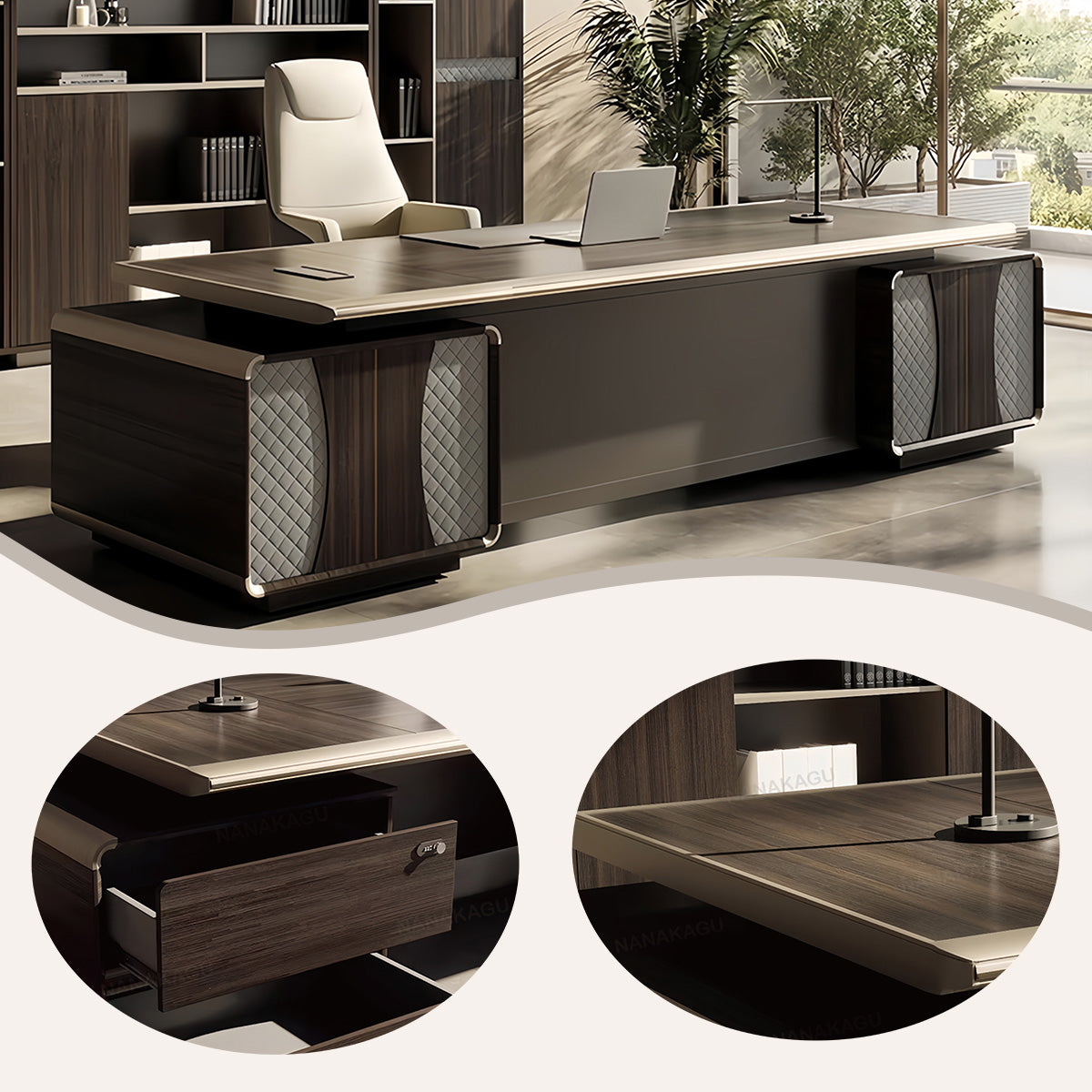 エグゼクティブデスク オフィスデスク 社長机 木目調 レザー 配線ボックス 大容量 ウォールナット 重役 カスタマイズ可能 LBZ-N067