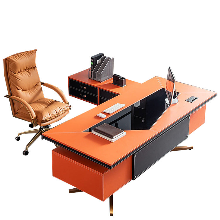 ワークデスク オフィスデスク 社長机 昇降可能デスク 電動昇降デスク 引き出し 大容量収納 オレンジ カスタマイズ可能 LBZ-N023