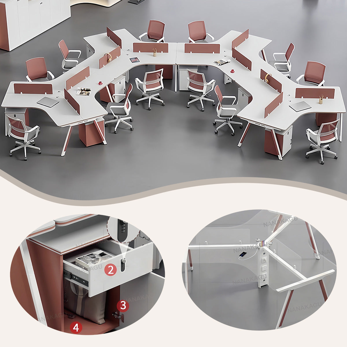 オフィスデスク 変形デスク 事務机 多人用 配線穴 スチールフレーム ダイヤル錠 シンプル ウォールナット カスタマイズ可能 YGZ-N034