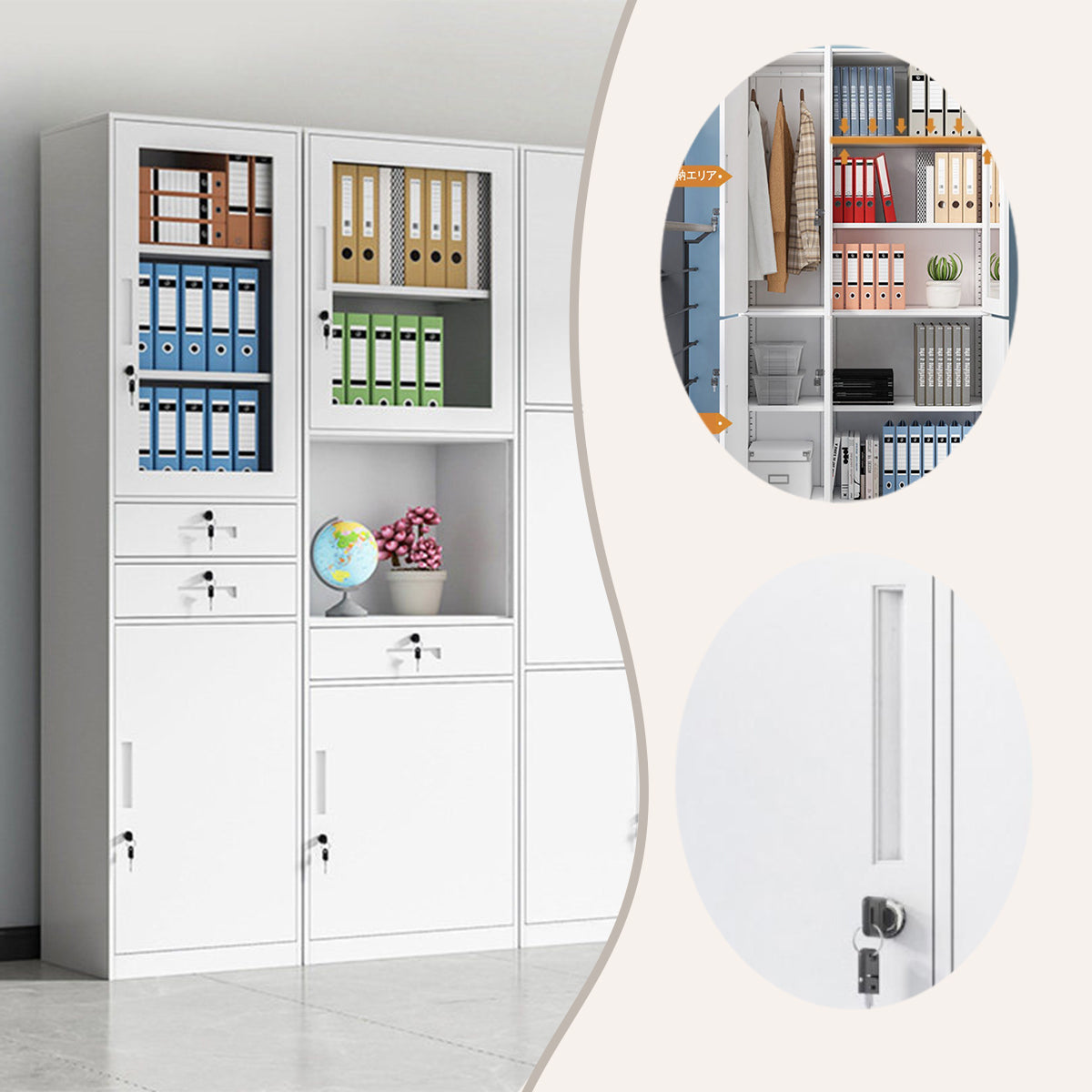 ファイル収納 書類棚 オフィスキャビネット 大容量収納 鍵付き ハンガーボード 冷間加工鋼 ホワイト カスタマイズ可能 BGCWG-N066