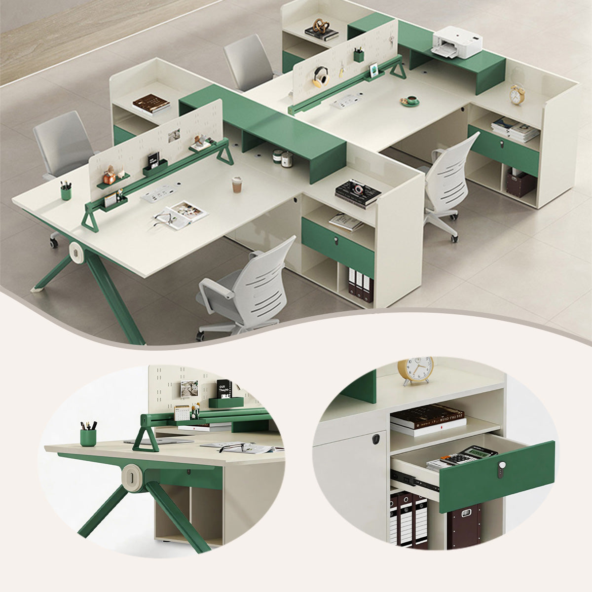 オフィスデスク パソコンデスク 丈夫 三桁ダイヤル錠 サイドキャビネット 大容量 グリーン+グレー カスタマイズ可能 埋め込み式 YGZ-N098