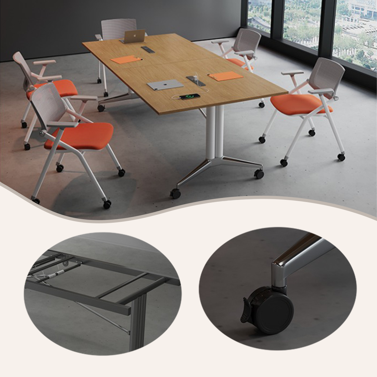 会議テーブル ミーティングテーブル オフィステーブル 会議用テーブル キャスター付き 折り畳み式 両面コンセント 組立必要 HYZ-N072