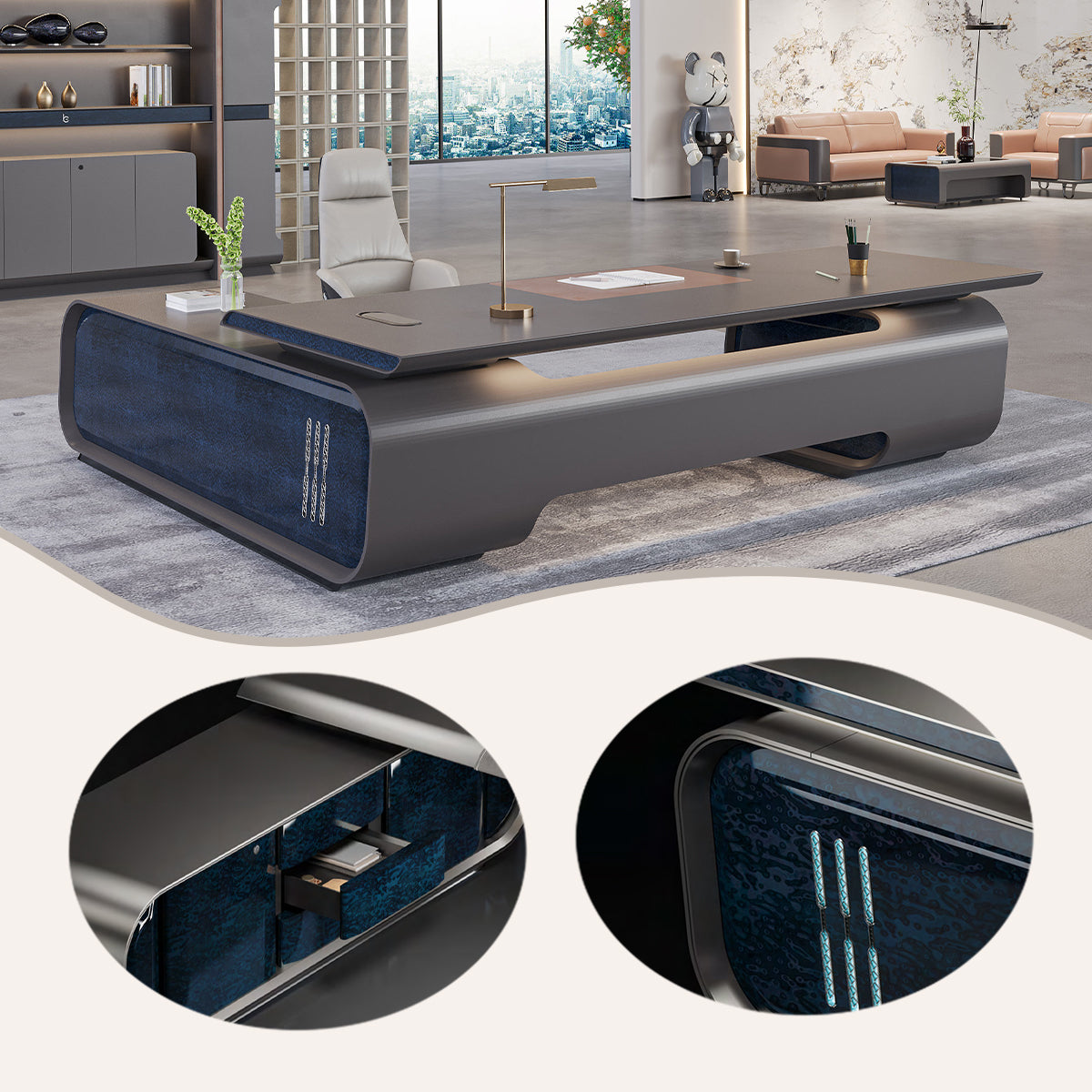 ボスデスク エグゼクティブデスク 社長室 社長机 事務用 サイドキャビネット 指紋ロック 高級感 グレー カスタマイズ可能 LBZ-BG-N008