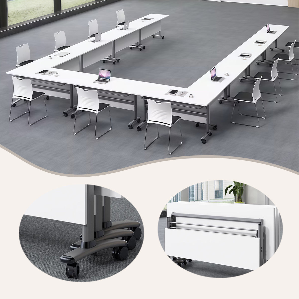 会議テーブル キャスター付き ミーティングテーブル 折り畳み式 オフィステーブル 組立必要 カスタマイズ可能 ホワイト HYZ-N069