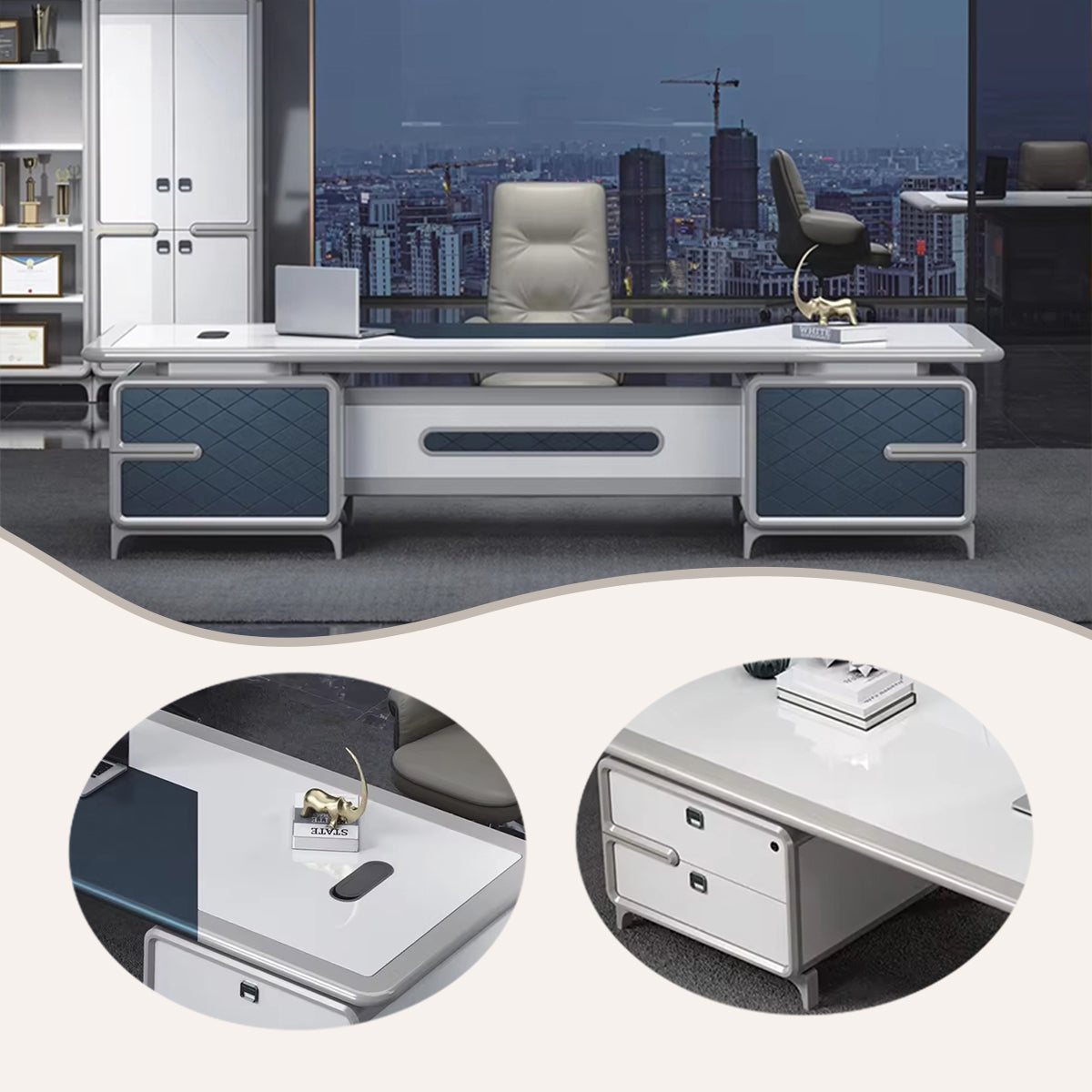 ボスデスク エグゼクティブデスク オフィスデスク 社長机 レザー 指紋ロック 厚手 高級感 ホワイト カスタマイズ可能 LBZ-BG-N006