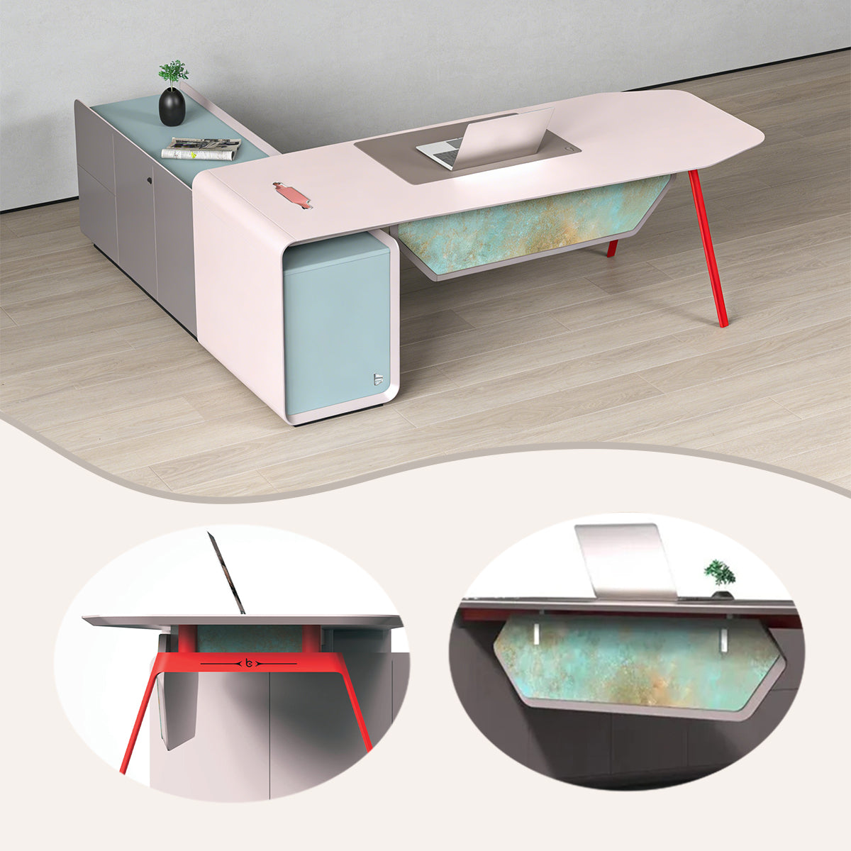 エグゼクティブデスク オフィスデスク 社長机 幕板 排気口 スチール脚 高級感 ピンク+ブルー カスタマイズ可能 LBZ-BG-N002