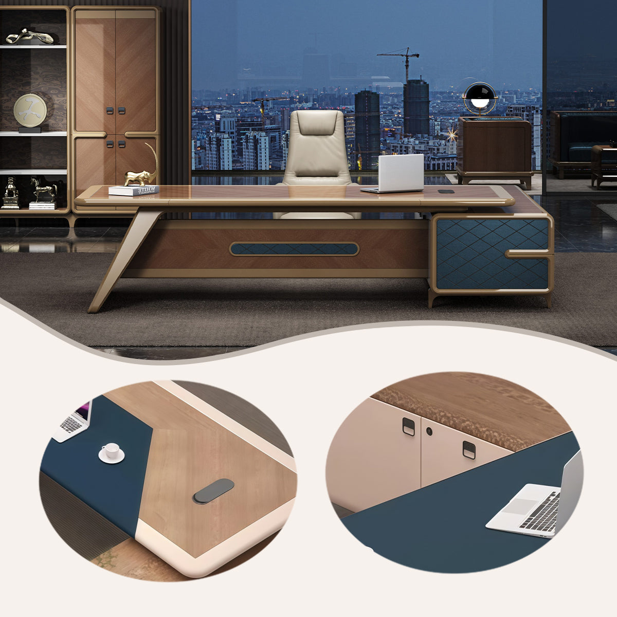 ボスデスク エグゼクティブデスク オフィスデスク 社長机 事務用 レザー 指紋ロック ホワイト カスタマイズ可能 LBZ-BG-N007