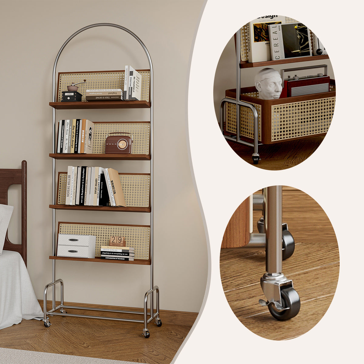 本棚 飾り棚 ラック 置物棚 藤編み キャスター付き 無垢材棚板 収納庫 収納家具 木製 スチール 組立不要 ZWJ-N007