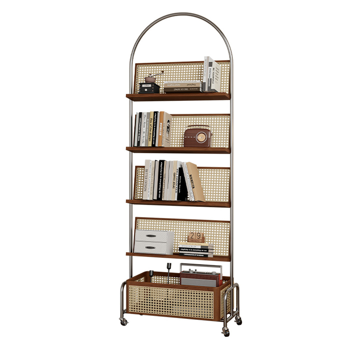 本棚 飾り棚 ラック 置物棚 藤編み キャスター付き 無垢材棚板 収納庫 収納家具 木製 スチール 組立不要 ZWJ-N007