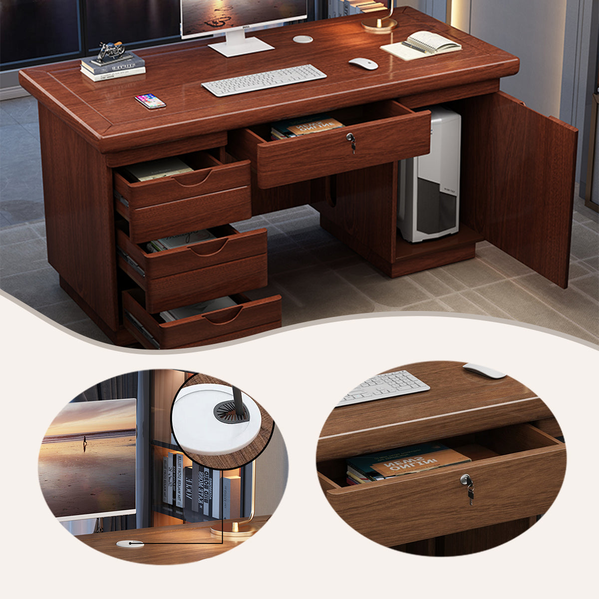 オフィステーブル 大容量収納 パソコンデスク 事務机 PCデスク 配線穴 幕板付き 組立必要 多色選択可能 YGZ-N084