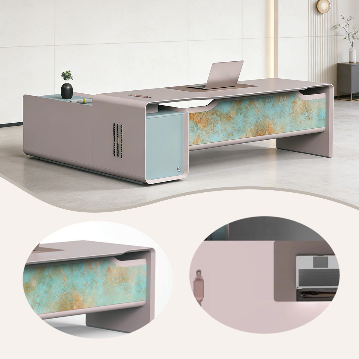 エグゼクティブデスク オフィスデスク 社長机 社長室 幕板 排気口 サイドキャビネット 厚手 高級感 カスタマイズ可能 LBZ-BG-N001