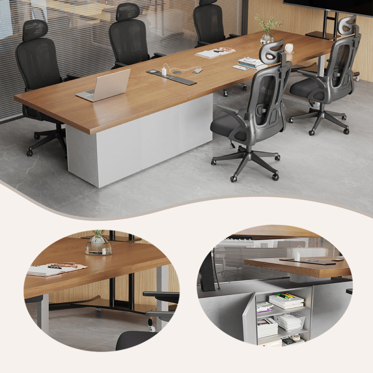 会議テーブル 内蔵式コンセント 昇降可能なテーブル 組立必要 カスタマイズ可能 ナチュラル HYZ-N065