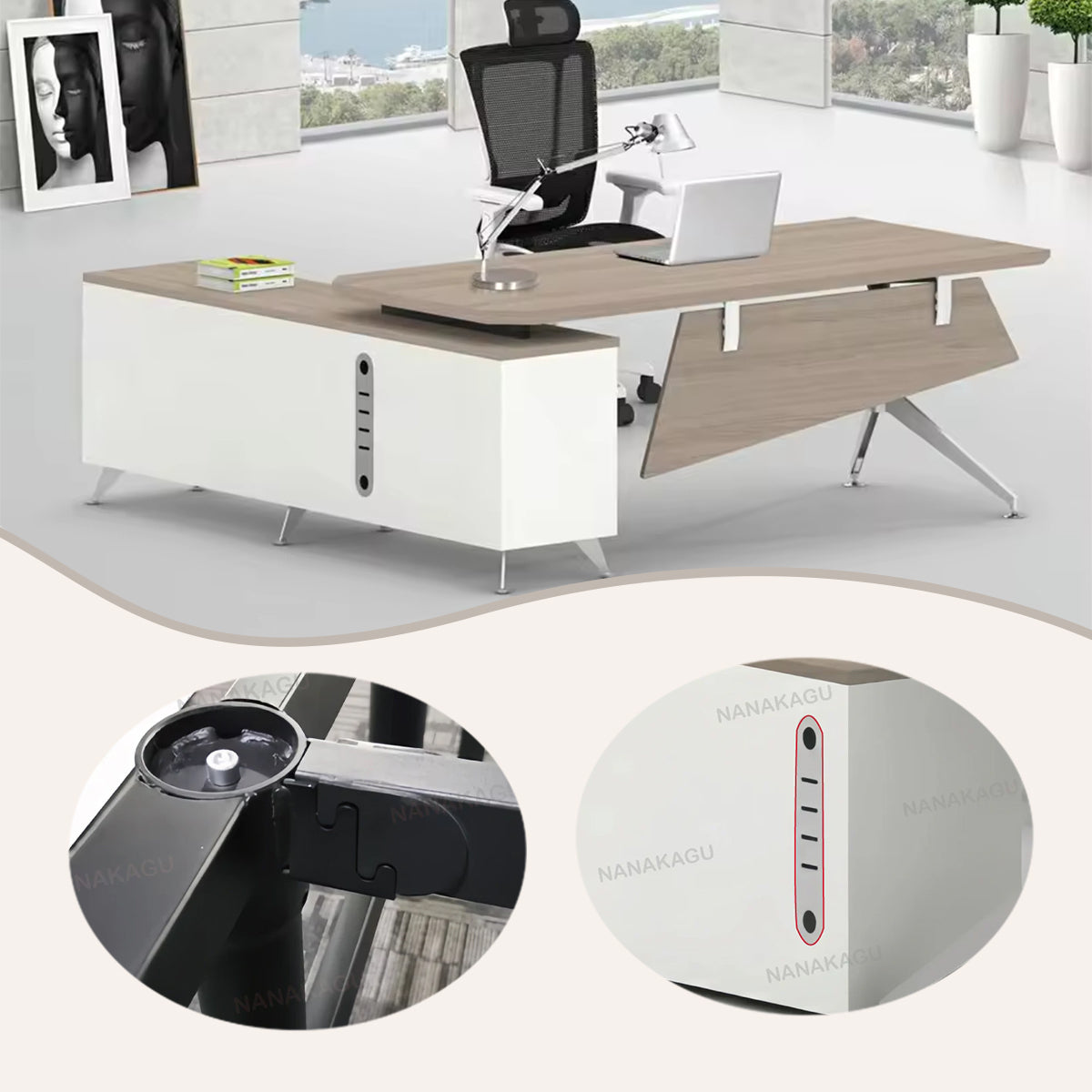 エグゼクティブデスク 社長机 L型デスク 社長室 幕板付き PC用排気口 シンプル ホワイト カスタマイズ可能 LBZ-YDD-N011