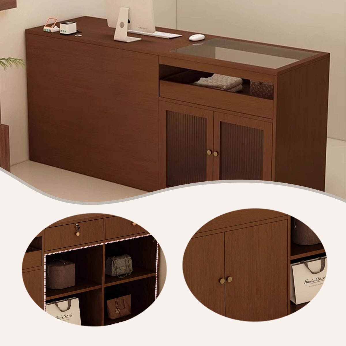 受付カウンター 大容量収納 配線穴 ガラスディスプレイ 組立必要 多色選択可能 JDQT-N066