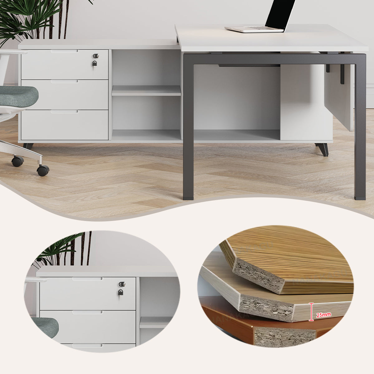 エグゼクティブデスク 作業テーブル L型デスク 幕板付き サイドキャビネット シンプル ホワイト カスタマイズ可能 LBZ-YDD-N014