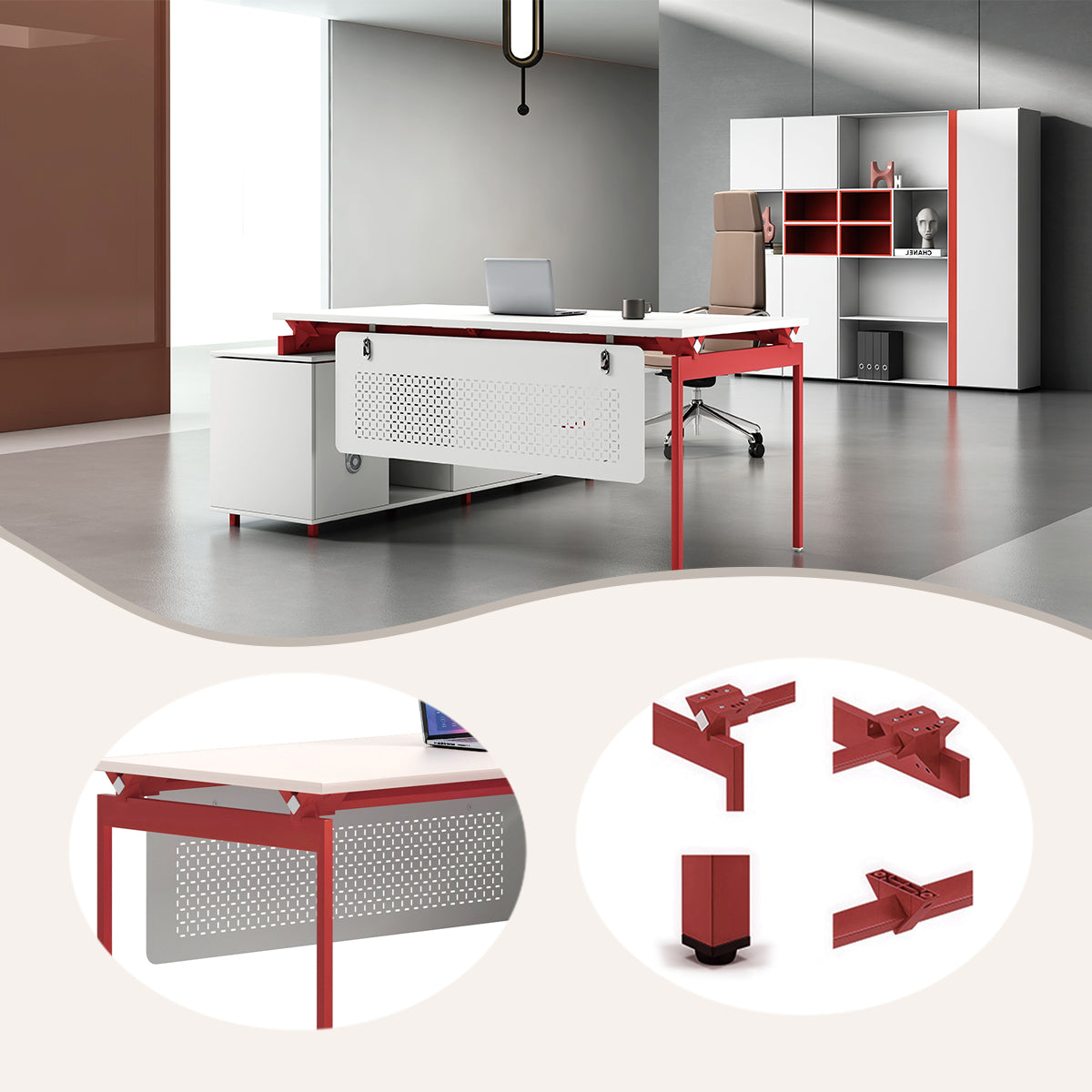 エグゼクティブデスク オフィスデスク L型デスク 大容量収納 サイドキャビネット ホワイト カスタマイズ可能 LBZ-YDD-N001