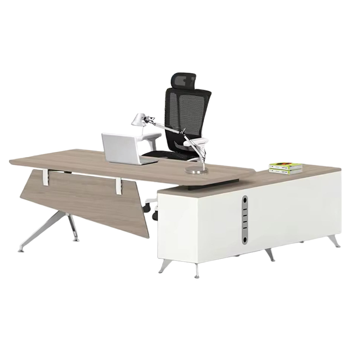 エグゼクティブデスク 社長机 L型デスク 社長室 幕板付き PC用排気口 シンプル ホワイト カスタマイズ可能 LBZ-YDD-N011