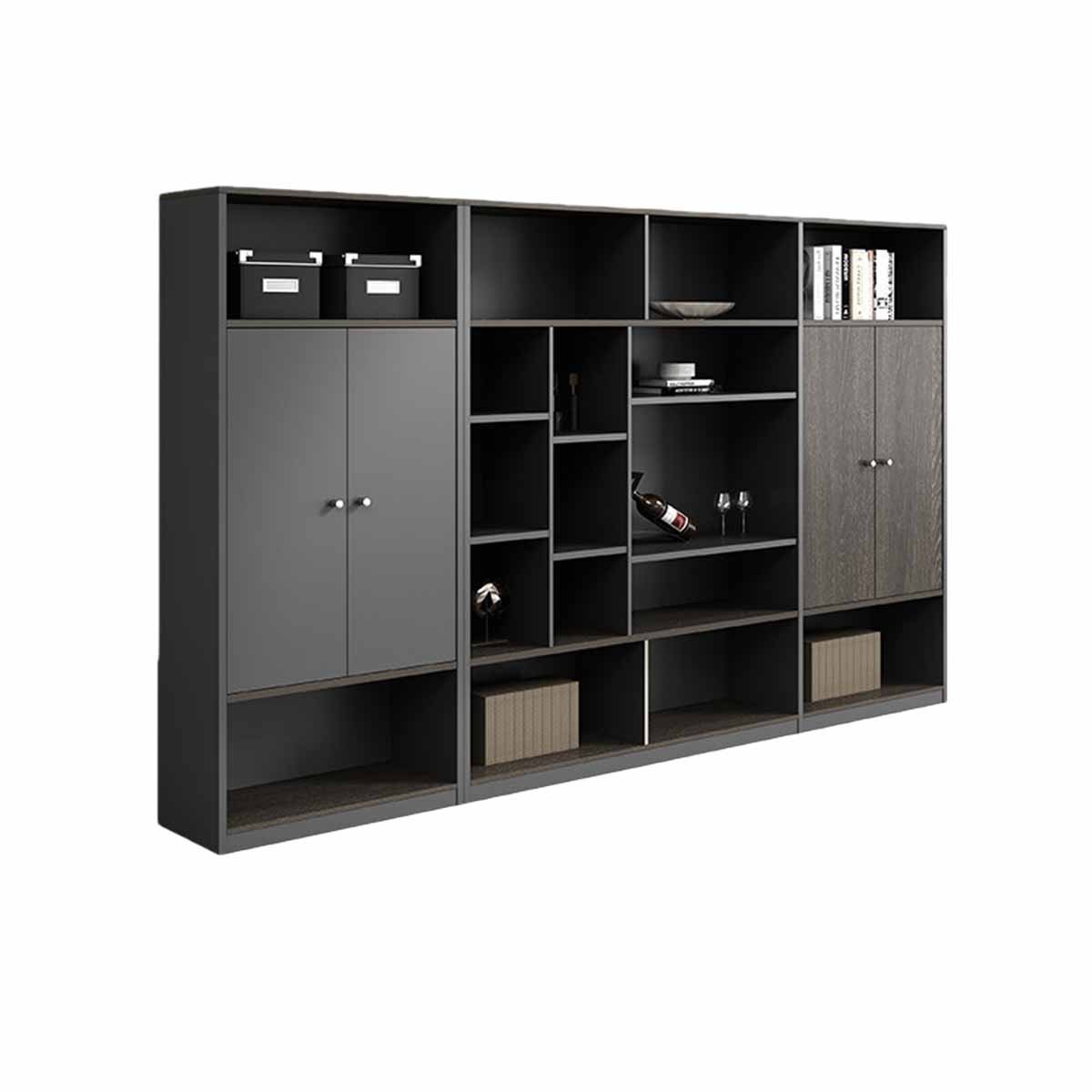 役員用書庫 オフィスキャビネット 収納家具 役員室 社長用 大容量収納 扉収納 オープン収納 静音ヒンジ カーキ オーク BGCWG-N079