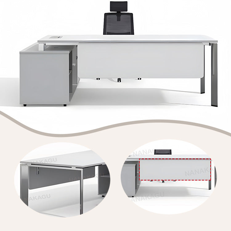 エグゼクティブデスク　オフィスデスク　社長机　L型デスク　パソコンデスク　社長室　仕事用　役員用　広々とした天板　幕板付き　配線ボックス付き　サイドキャビネット　安定感のある脚　厚手　丈夫　モダン　シンプル　ホワイト　カスタマイズ可能　LBZ-YDD-N010