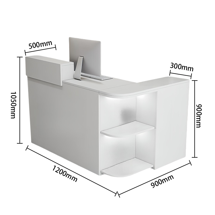 受付カウンター　レジカウンター　L字型　店舗用　鍵ロック　配線穴　展示棚　角丸　大容量収納　グレー　カスタマイズ可能　JDQT-N048