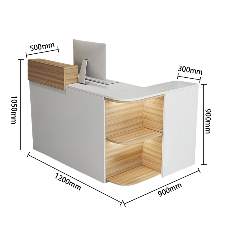 受付カウンター　レジカウンター　L字型　店舗用　鍵ロック　配線穴　展示棚　角丸　大容量収納　グレー　カスタマイズ可能　JDQT-N048