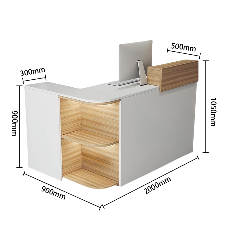 受付カウンター　レジカウンター　L字型　店舗用　鍵ロック　配線穴　展示棚　角丸　大容量収納　グレー　カスタマイズ可能　JDQT-N048