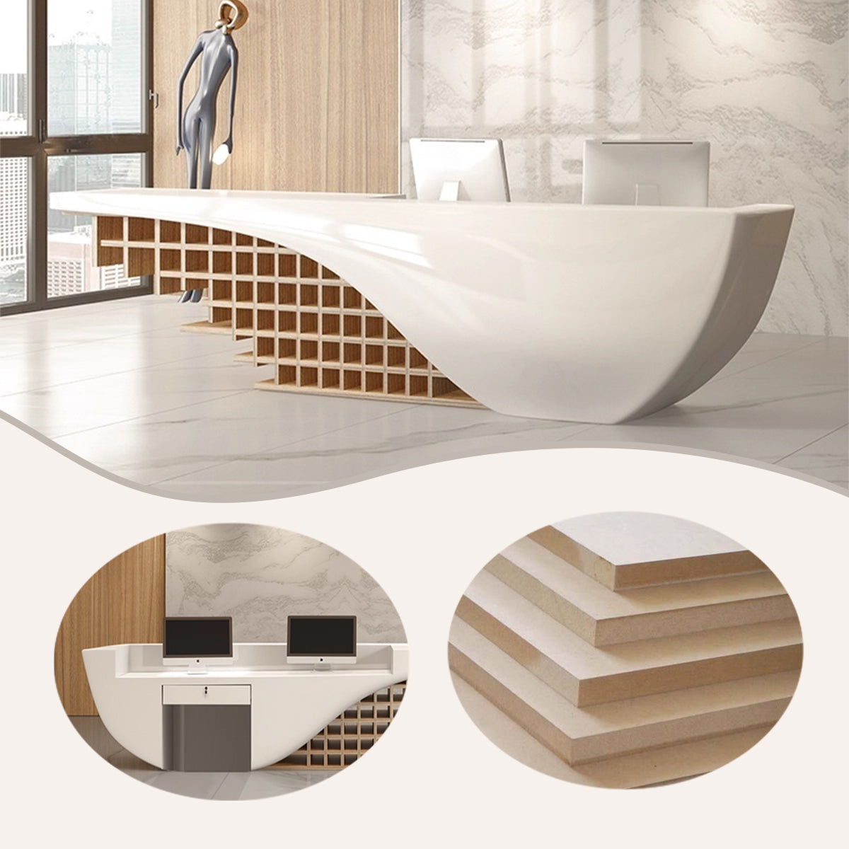 受付カウンター　エントランス受付　美容室　エコボード　店舗　焼付塗装　引き出し　大型　ホワイト　カスタマイズ可能　JDQT-N058