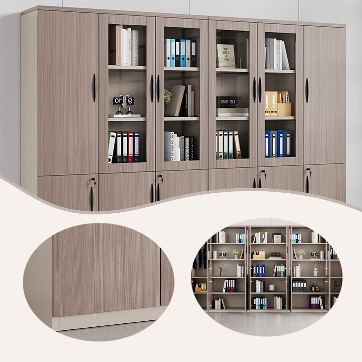 収納棚　壁面収納　ファイル収納　書類棚　オフィスキャビネット　大容量収納　鍵付き　ガラス扉　カーキ　カスタマイズ可能　BGCWG-N063