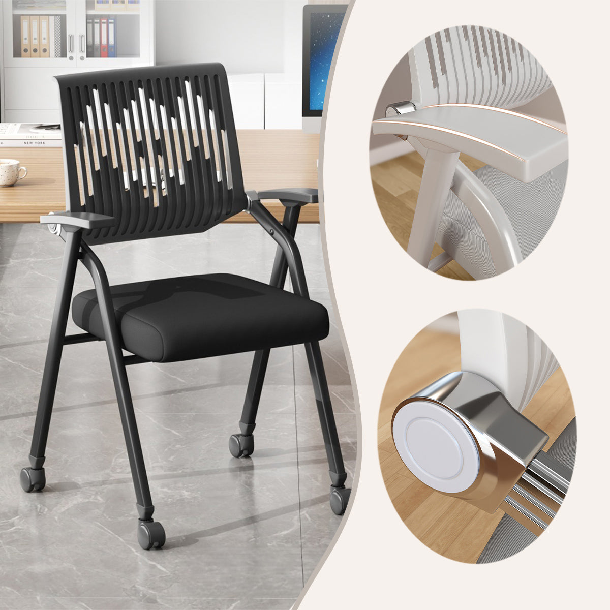 デスクチェア　オフィス用　事務用　会議用　アームレスト　折り畳み機能　キャスター付き　静音　おしゃれ　ブラック　BGY-N073