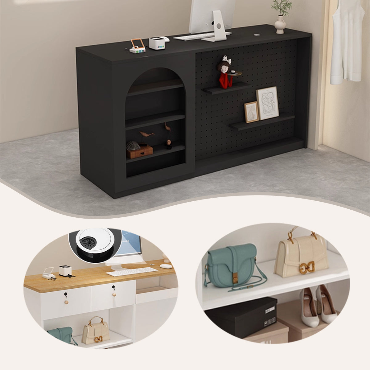 受付カウンター　PC収納スペース　エントランス受付　配線穴　バーカウンター　パンチングボード　大容量収納　組立必要　JDQT-N062