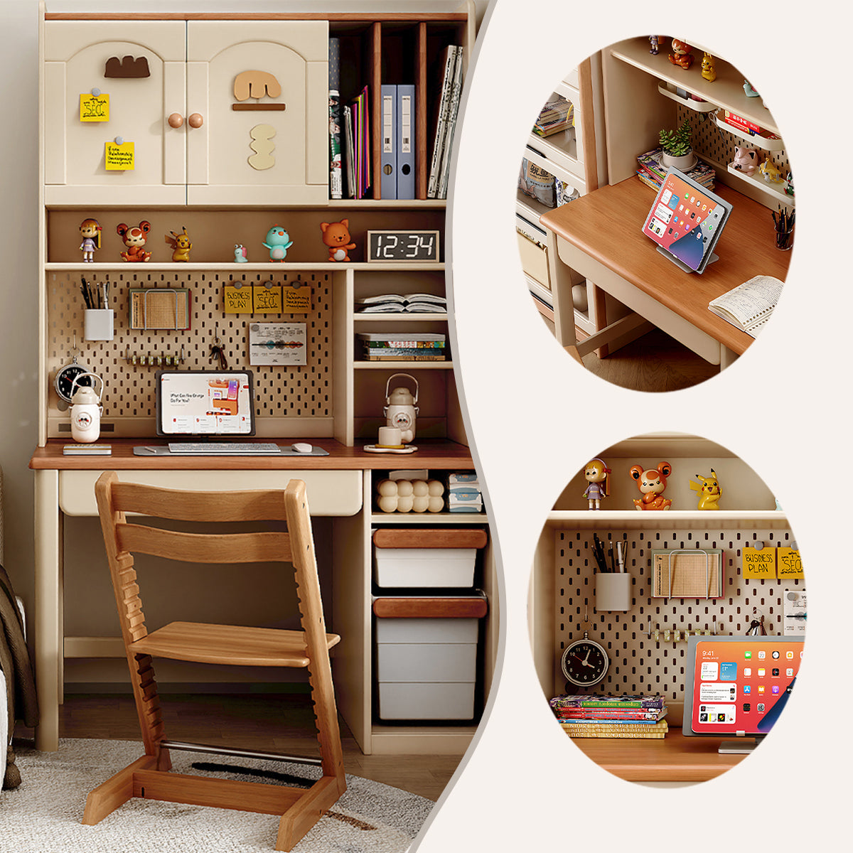 学習机　勉強机　学習デスク　パンチングボード　大容量収納　PC収納スペース　組立必要　無垢材　片袖机　XXZ-N039