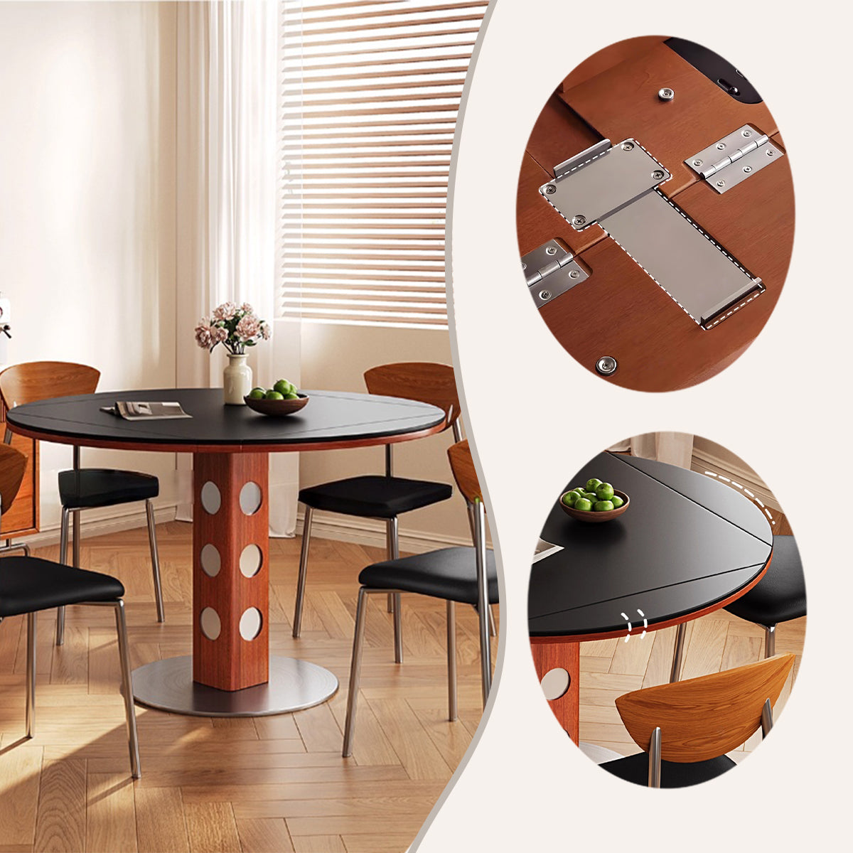 ダイニングテーブル　折り畳み式天板　大理石　マーブル　丸型　隠れマグネット吸着　食卓　センターテーブル　丸いホルダー　CZ-N045