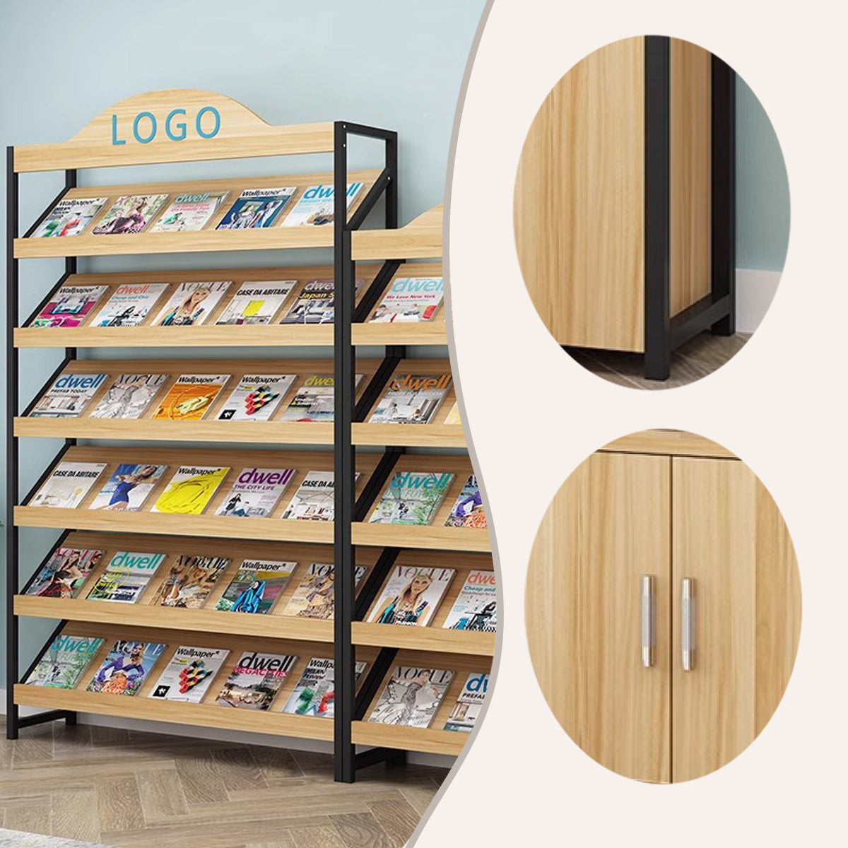 マガジンラック　パンフレットスタンド　オフィス収納　収納ラック　雑誌ラック　図書館　店舗用　展覧会用　本棚　4段式　5段式　6段式　ライトウォールナット　ZWJ-N001