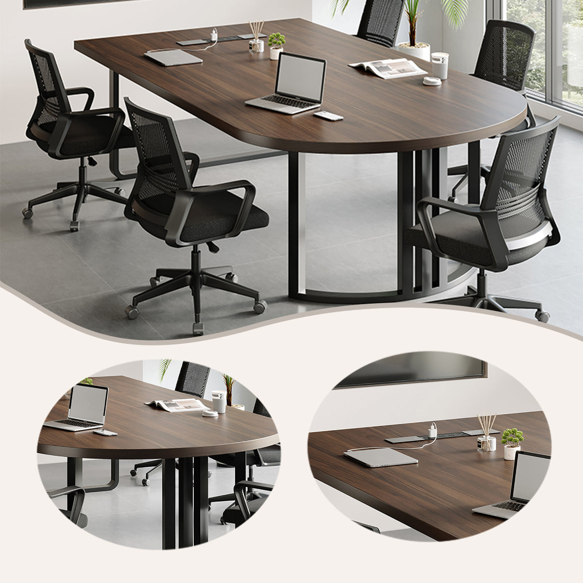 会議テーブル　内蔵式コンセント　ユニークな天板　組立必要　カスタマイズ可能　ウォールナット　HYZ-N066