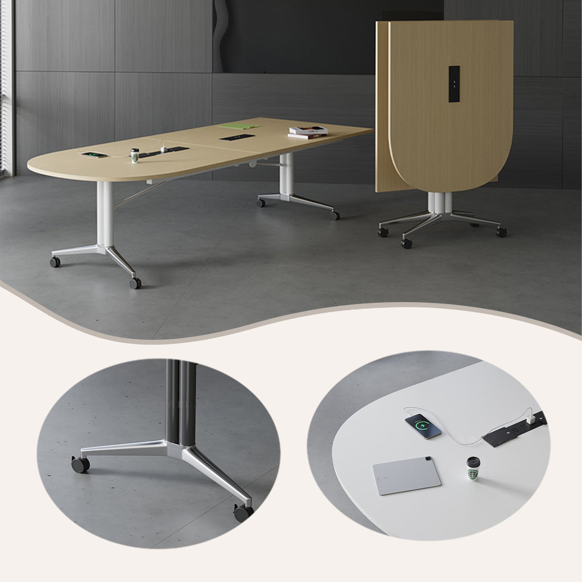 会議テーブル　ミーティングテーブル　オフィステーブル　オープン式収納付き　内蔵式コンセント　上質な素材　組立必要　HYZ-N075