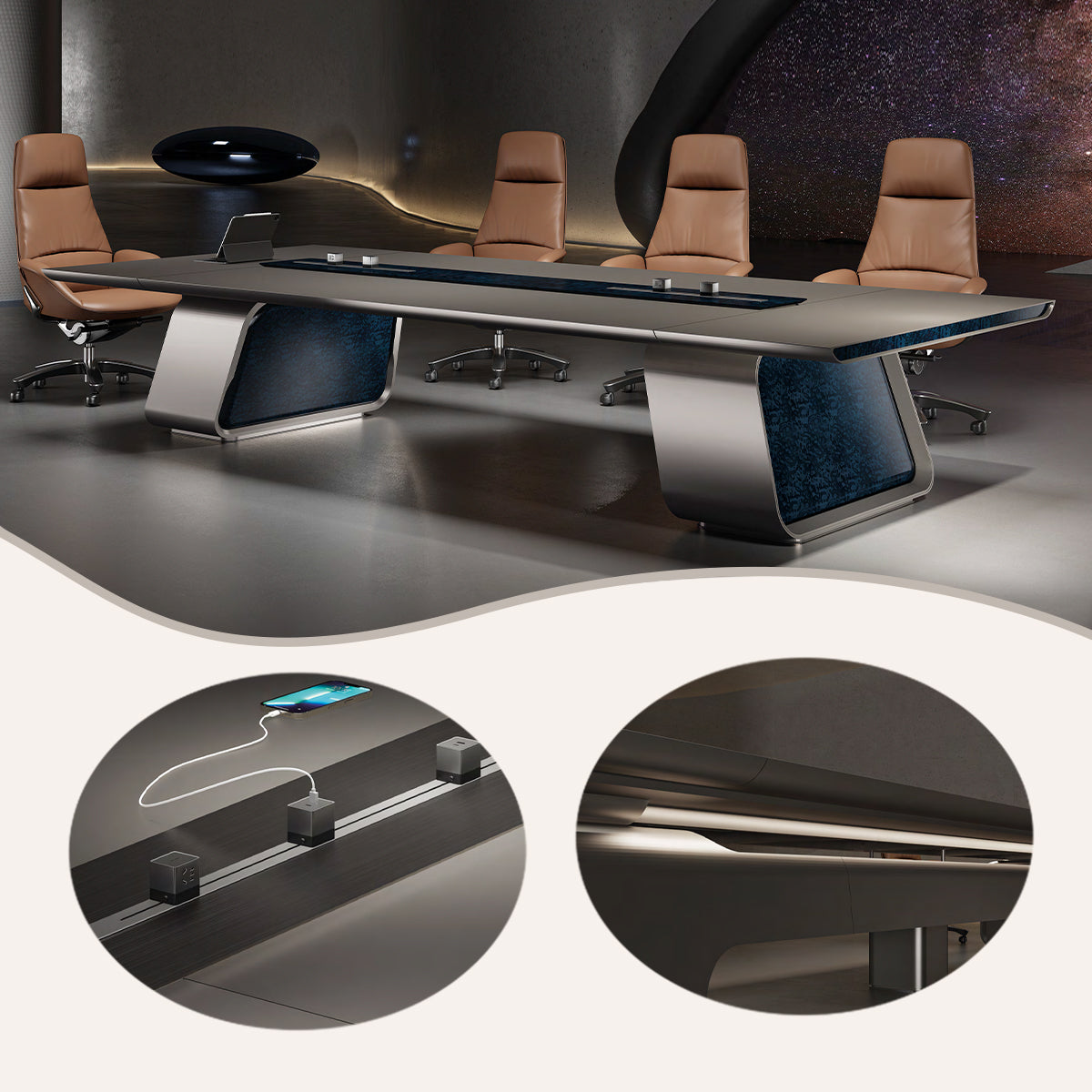 会議テーブル　ミーティングテーブル　商談テーブル　会議室用　マルチメディアコネクタ　グレー　カスタマイズ可能　HYZ-BG-N003