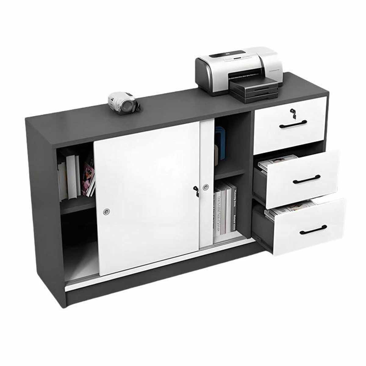 ファイルワゴン　収納庫　書類整理棚　両開き書庫　小物整理棚　オフィス用　大容量収納　鍵付き　ホワイト　ブラック　BGCWG-N077