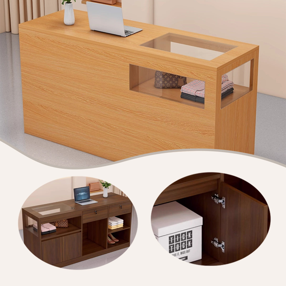 受付カウンター　ガラスディスプレイ　大容量収納　組立必要　バーカウンター　頑丈なフレーム　多色選択可能　JDQT-N064