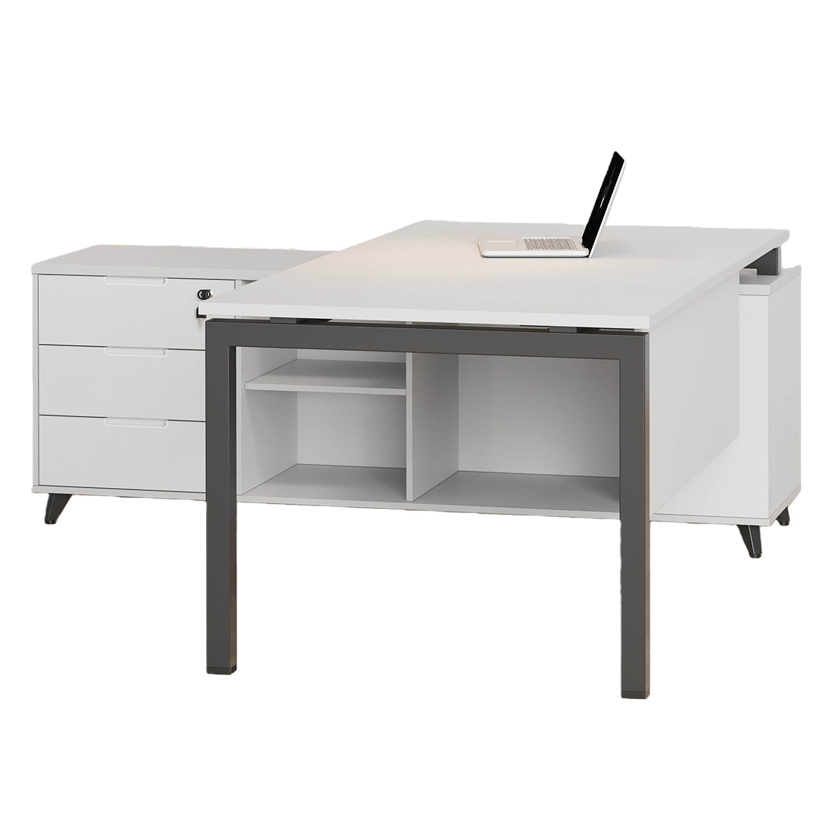 エグゼクティブデスク　作業テーブル　L型デスク　幕板付き　サイドキャビネット　シンプル　ホワイト　カスタマイズ可能　LBZ-YDD-N014